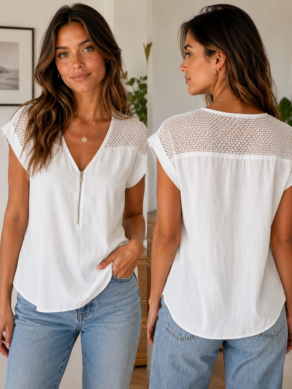 Express White Crochet Yoke Zip-Front Blouse
